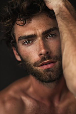 Portrait of a handsome young man with a beard and wet hairの素材