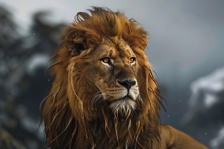 Portrait of a big male lion on a snowy background. Portrait of a wild animal.の素材
