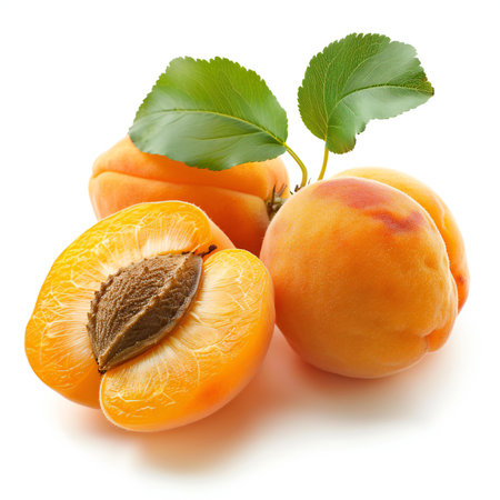 Fresh apricots with leaves isolated on white background.の素材
