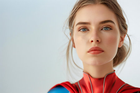 Portrait of a beautiful young woman in a red costume on a white backgroundの素材