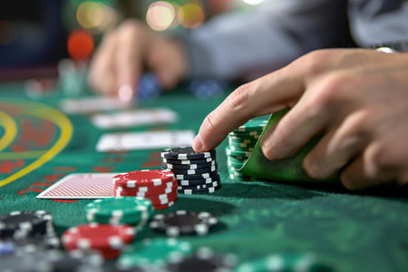 casino, gambling, entertainment and people concept - close up of poker player hands with chips and cards at green casino tableの素材