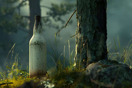 Old bottle of wine on a foggy meadow in the mountainsの素材