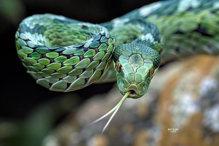 Close up of a green pit viper, Pantherophis guttatusの素材