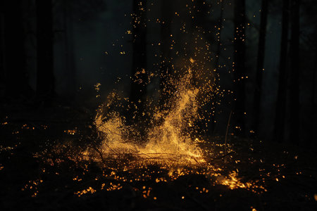 fire in the forest at night with sparks and smoke on the groundの素材