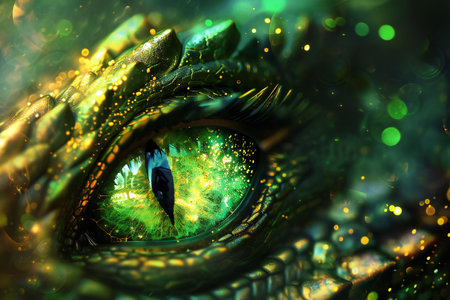 Close up of green eye of dragon. Fantasy animal.の素材