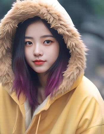 Portrait of a beautiful asian girl in yellow coat with fur hoodの素材