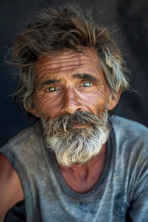 Old man with long gray beard and mustache in indian village.の素材