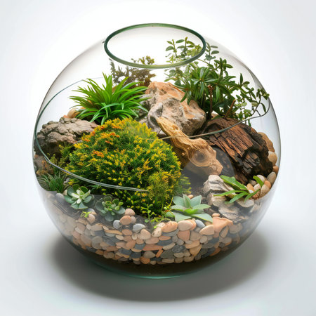 Glass florarium with succulents and moss on white backgroundの素材