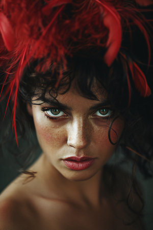 Portrait of a beautiful young woman with red feathers on her headの素材