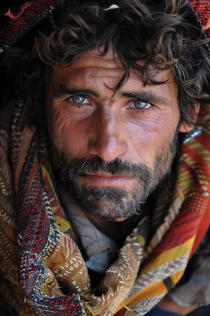 Portrait of a homeless beggar man with a beard in a shawlの素材