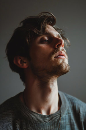 Portrait of a handsome young man in gray sweater. Studio shot.の素材