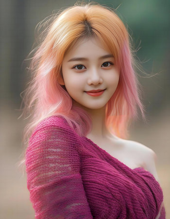 Portrait of a beautiful young asian woman with pink hair.の素材