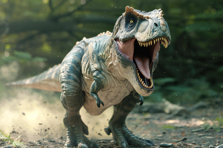 dinosaur with open mouth and teeth, closeup of dinosaur modelの素材