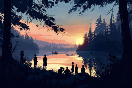 silhouette of a family on the lake at sunset, illustrationの素材