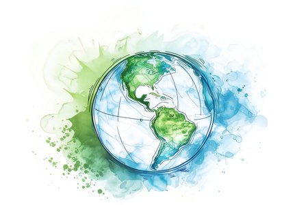 Watercolor planet earth with green watercolor splashes.の素材