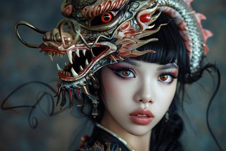Closeup portrait of a beautiful Asian woman with dragon mask. Beauty, fashion.の素材