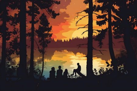 Silhouette of a family on the lake at sunset.の素材