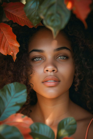 beautiful african american woman with curly hair looking at cameraの素材