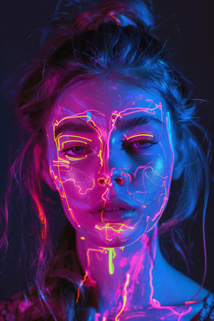 Portrait of a beautiful girl with neon make-up on dark backgroundの素材