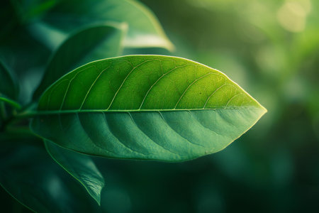 Green leaf on blurred background, Nature background with copy space for text.の素材