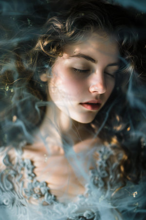 Portrait of a beautiful young woman with smoke in her hair.の素材