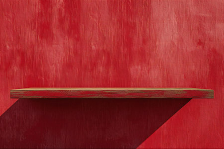 Wooden shelf on red wall background.の素材