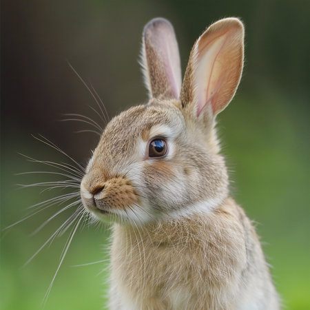 Close-up portrait of a cute rabbit on a green background.の素材