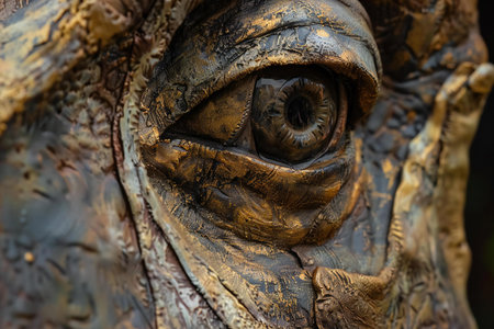 Close up view of the eyes of an old man made of metal.の素材