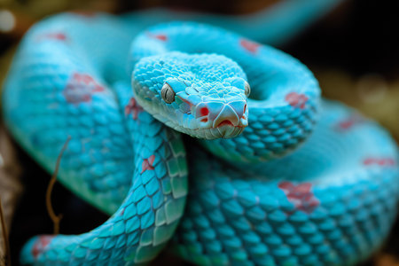 Close up of the head of a turquoise viper.の素材