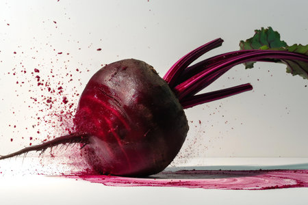 Red beet on a white background with splashes of red juice.の素材