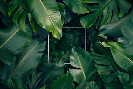 Creative layout made of tropical leaves. Nature background. Flat lay, top view.の素材