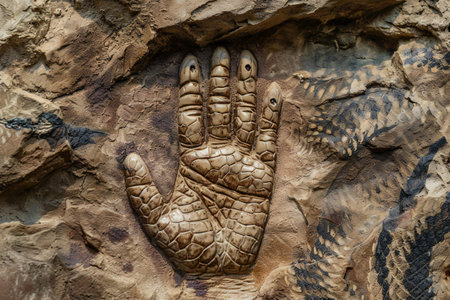 Fossilized hand of a snake on a rock background.の素材