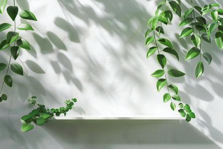 a shelf with plants against a white wall.の素材
