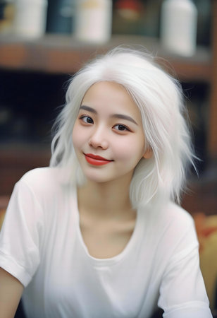 Portrait of a beautiful asian girl in a cafe with white hairの素材