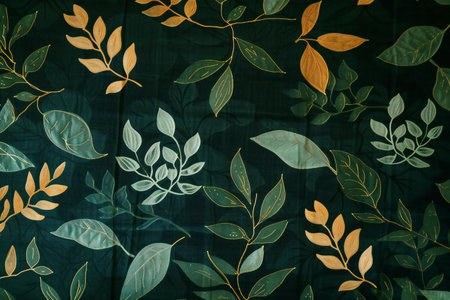 Fabric silk texture, with a pattern of yellow and green leaves.の素材