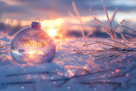 Christmas glass ball in the snow at sunset. Beautiful winter landscape.の素材