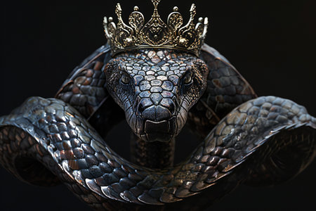 Close-up of a snake head with a crown on a black backgroundの素材