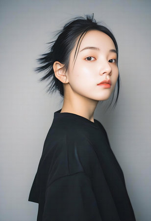 Fashion portrait of young beautiful asian woman in black clothes.の素材