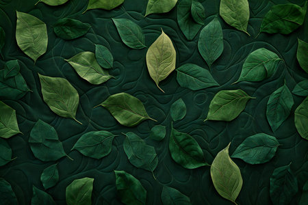 Green leaves pattern on dark background. Flat lay. Nature concept.の素材