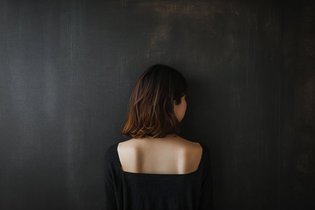Back view of young woman standing in front of a blackboard.の素材