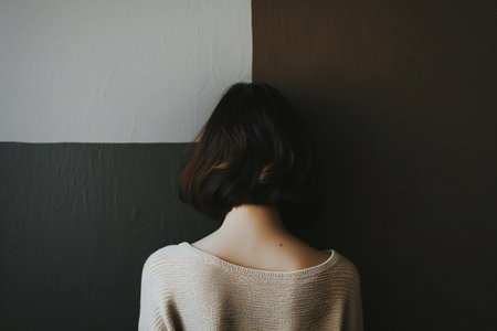 Back view of young woman with long hair standing in front of wallの素材