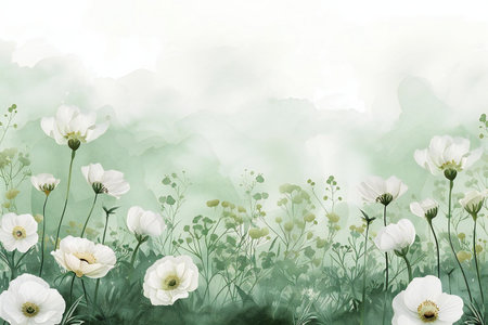 Watercolor illustration of white poppies in the meadow.の素材
