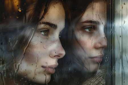 Close up portrait of two sad young women looking through wet window.の素材
