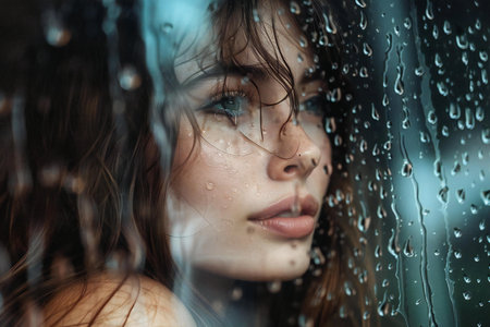 Portrait of beautiful young woman behind wet glass with raindrops.の素材