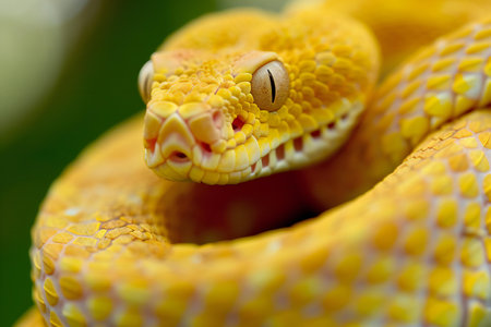 A closeup of the head of a yellow boa snake.の素材