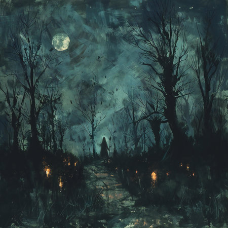 Night landscape with a full moon and a girl in the forest.の素材