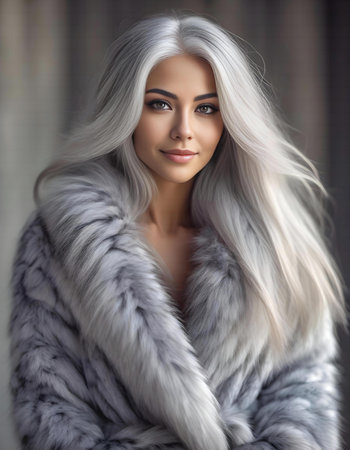 fashion interior photo of gorgeous woman with blond hair in luxurious fur coatの素材