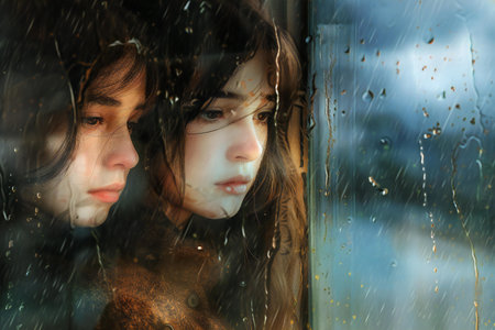 Portrait of a girl in a raincoat looking through the windowの素材