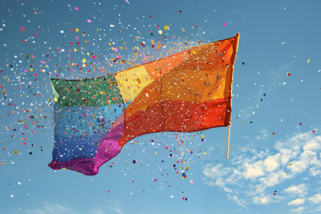 Colorful flags flying in the blue sky with confetti. Celebration concept.の素材