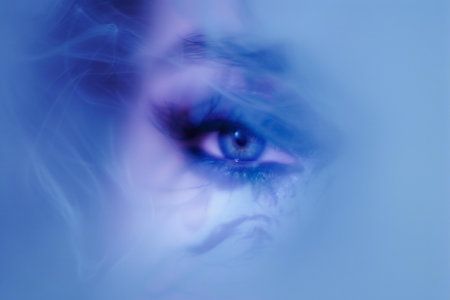 Blue eye of a woman in smoke on a blue background, close-upの素材